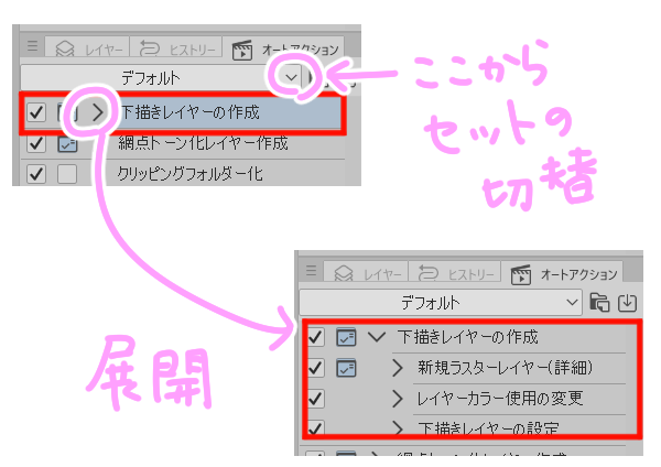 セットの切り替えと展開